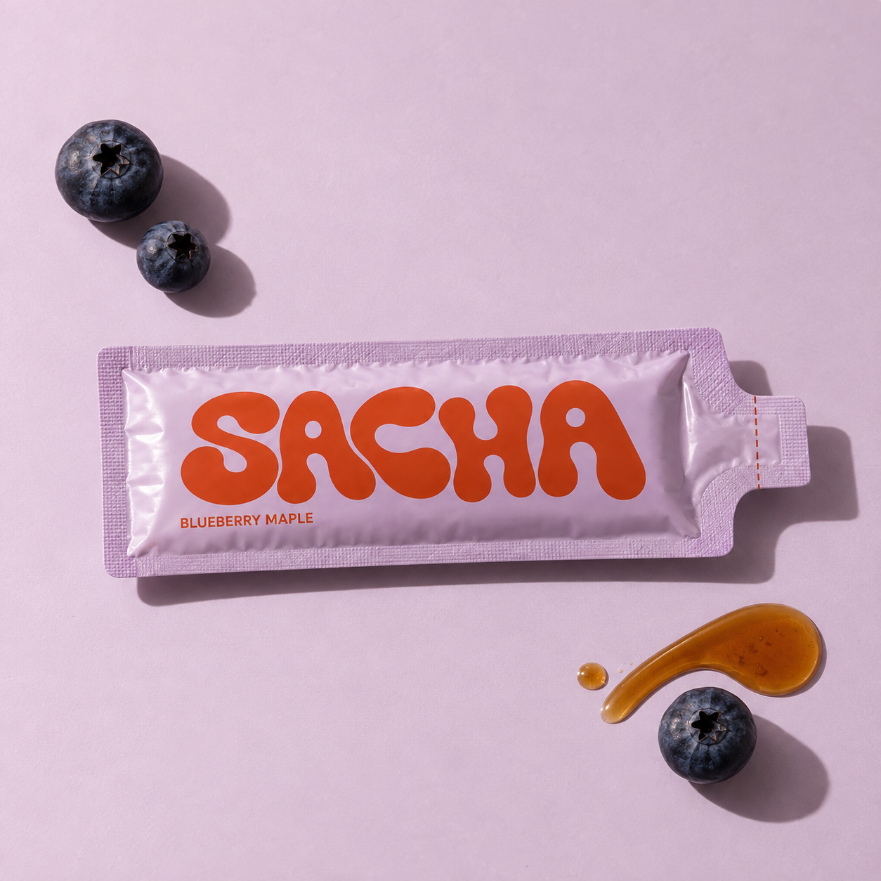 Individual SACHA Blueberry Maple syrup sachet with blueberries