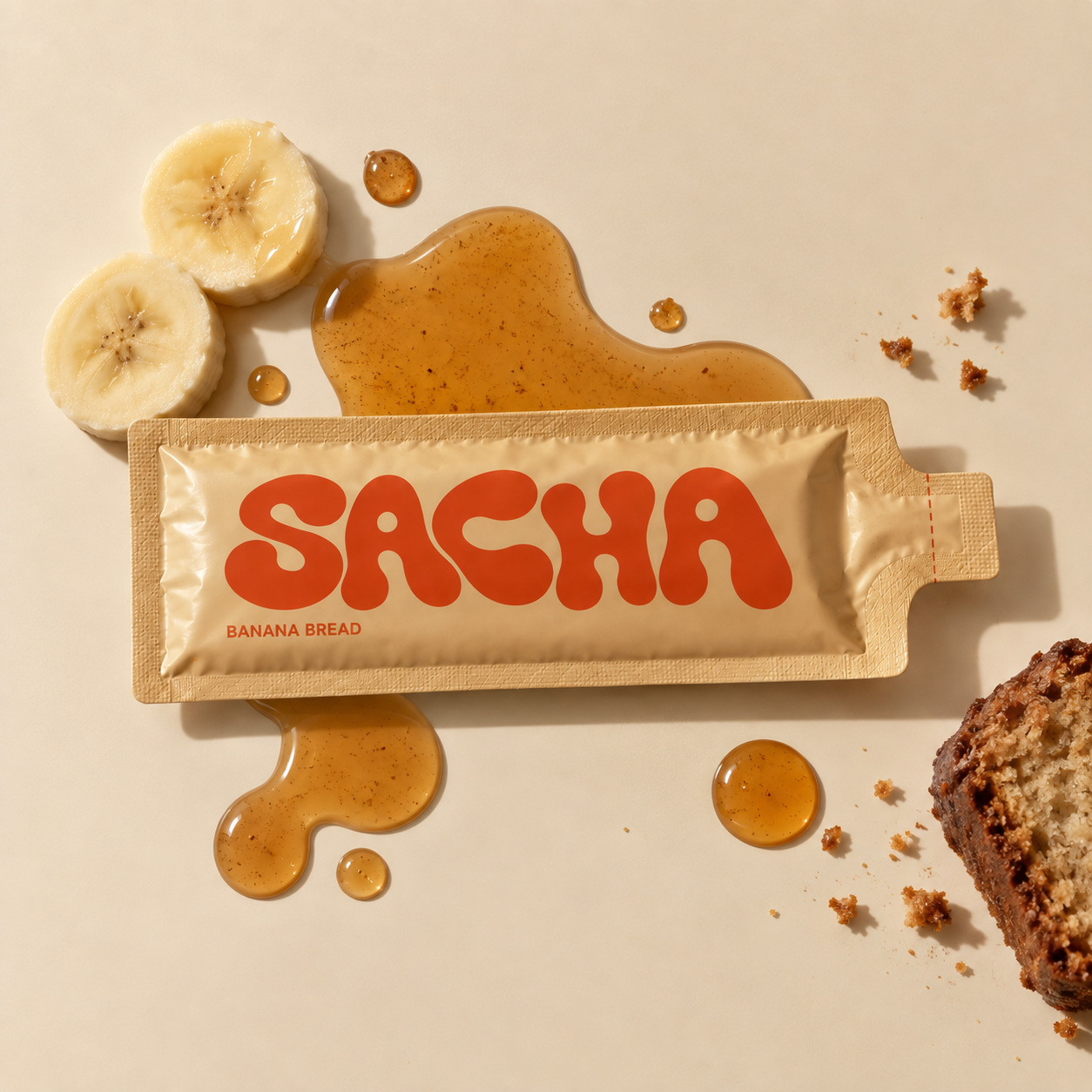 Individual SACHA Banana Bread syrup sachet with banana bread
